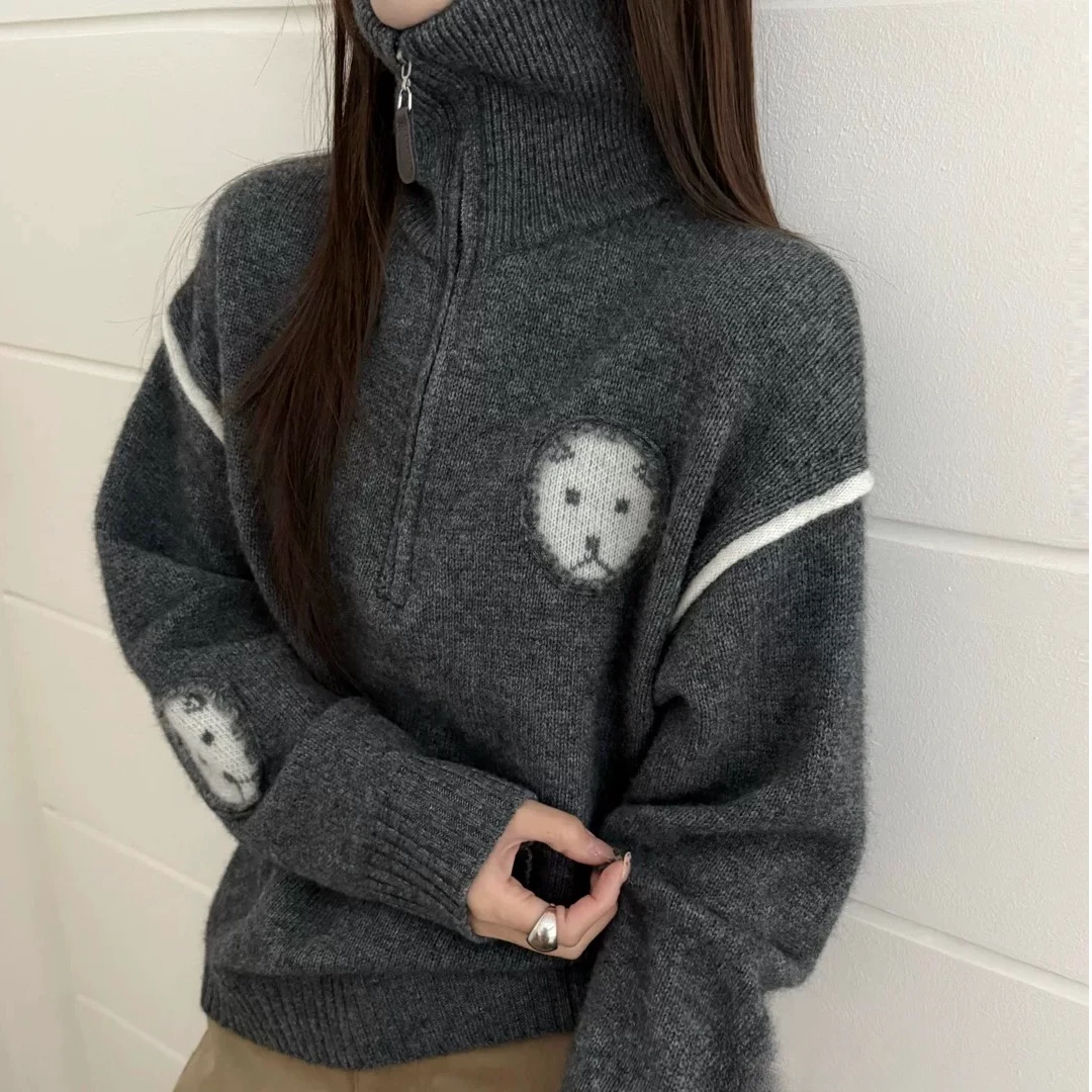 6687#2025长袖时尚休闲拼接小狗小熊冬季高领针织套头毛衣