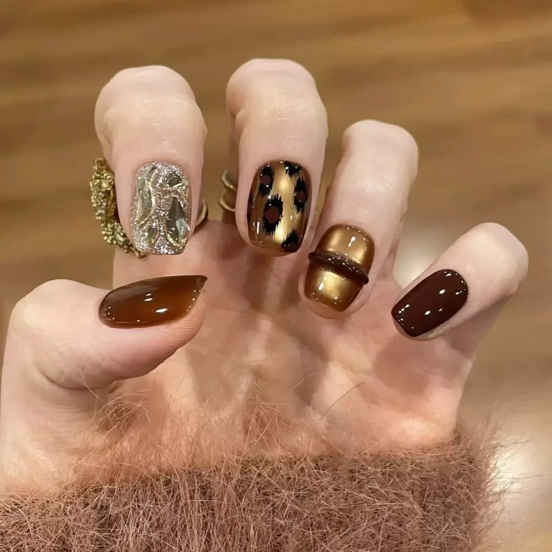 【金秋豹纹】设计感美拉德色系豹纹猫眼手工穿戴美甲显白气质穿戴甲