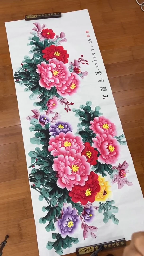 国画【福利，纯手工手绘】李春凤牡丹横幅180*68厘米