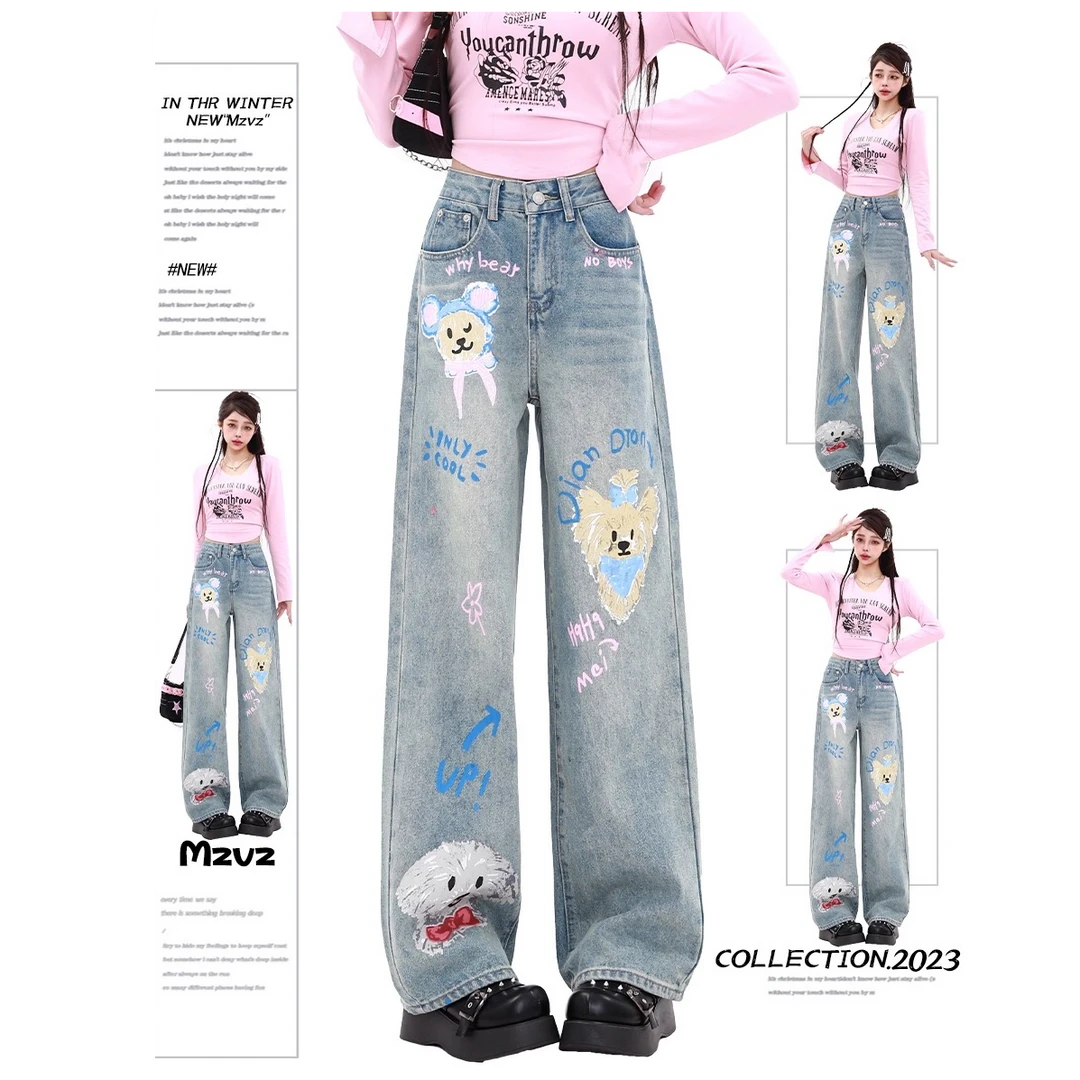2025春款涂鸦印花显瘦韩系阔腿牛仔裤女