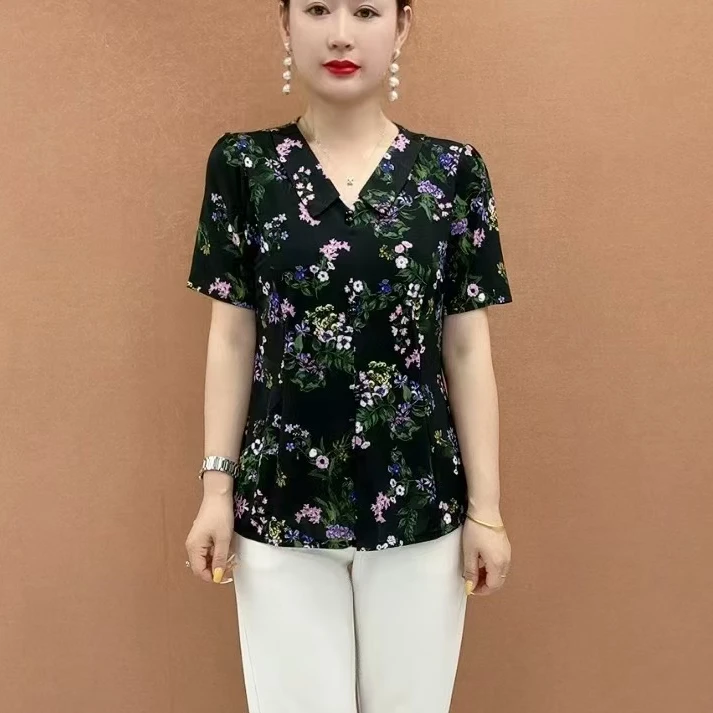 夏季新款娃娃领气质短袖小衫时尚洋气显瘦减龄妈妈装5824