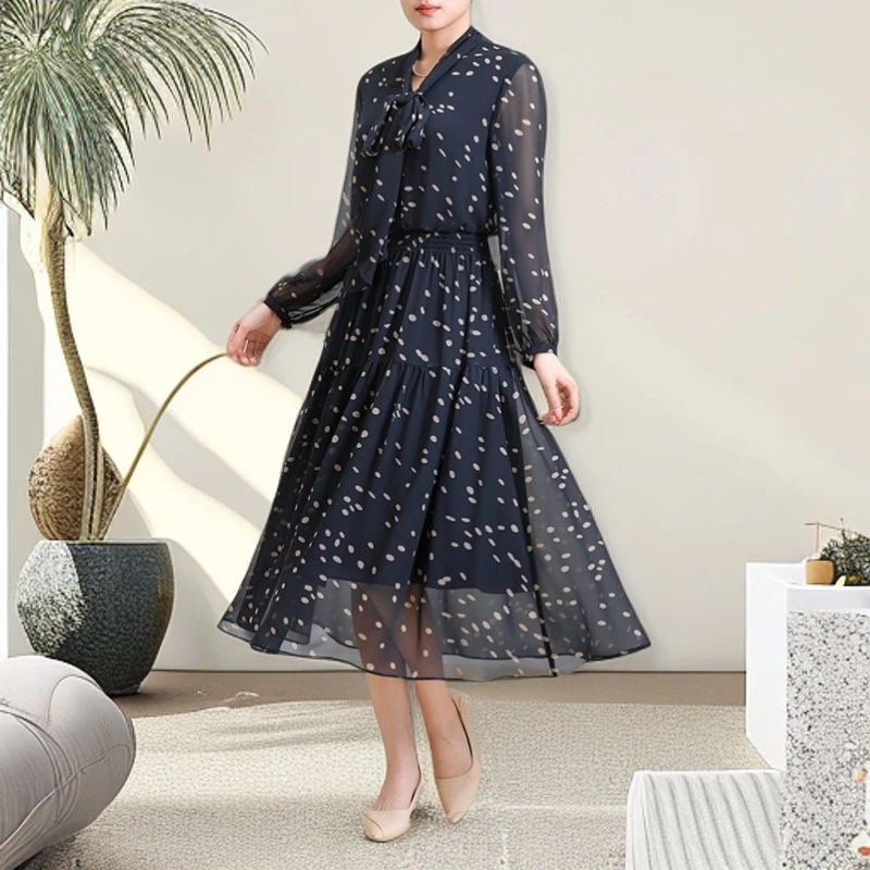 25030 飘带领夏季连衣裙波点雪纺裙收腰气质女装显瘦优雅大摆长裙