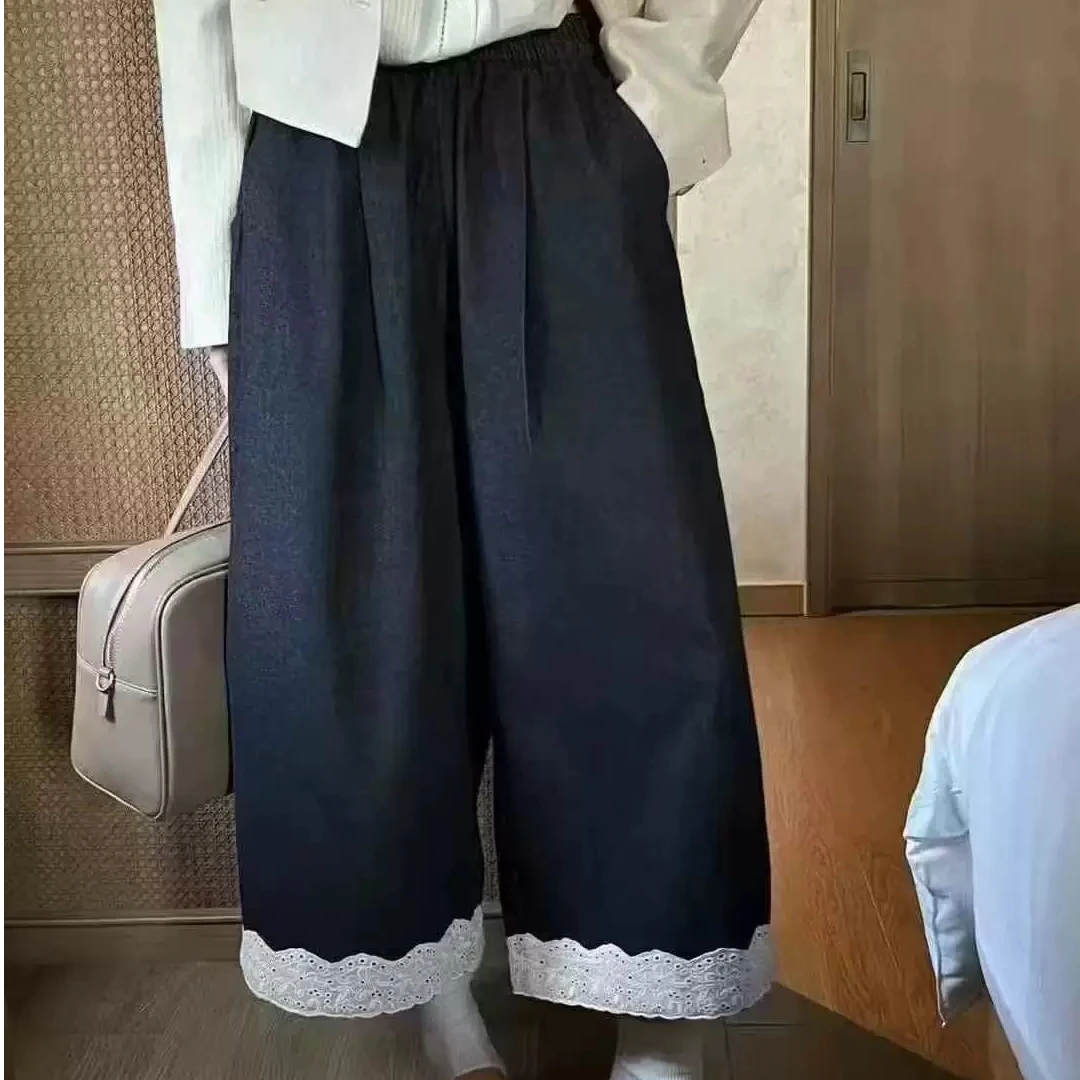 立体剪裁阔版蕾丝拼接九分裤女2025舒适百搭洋气显瘦阔腿休闲裤子