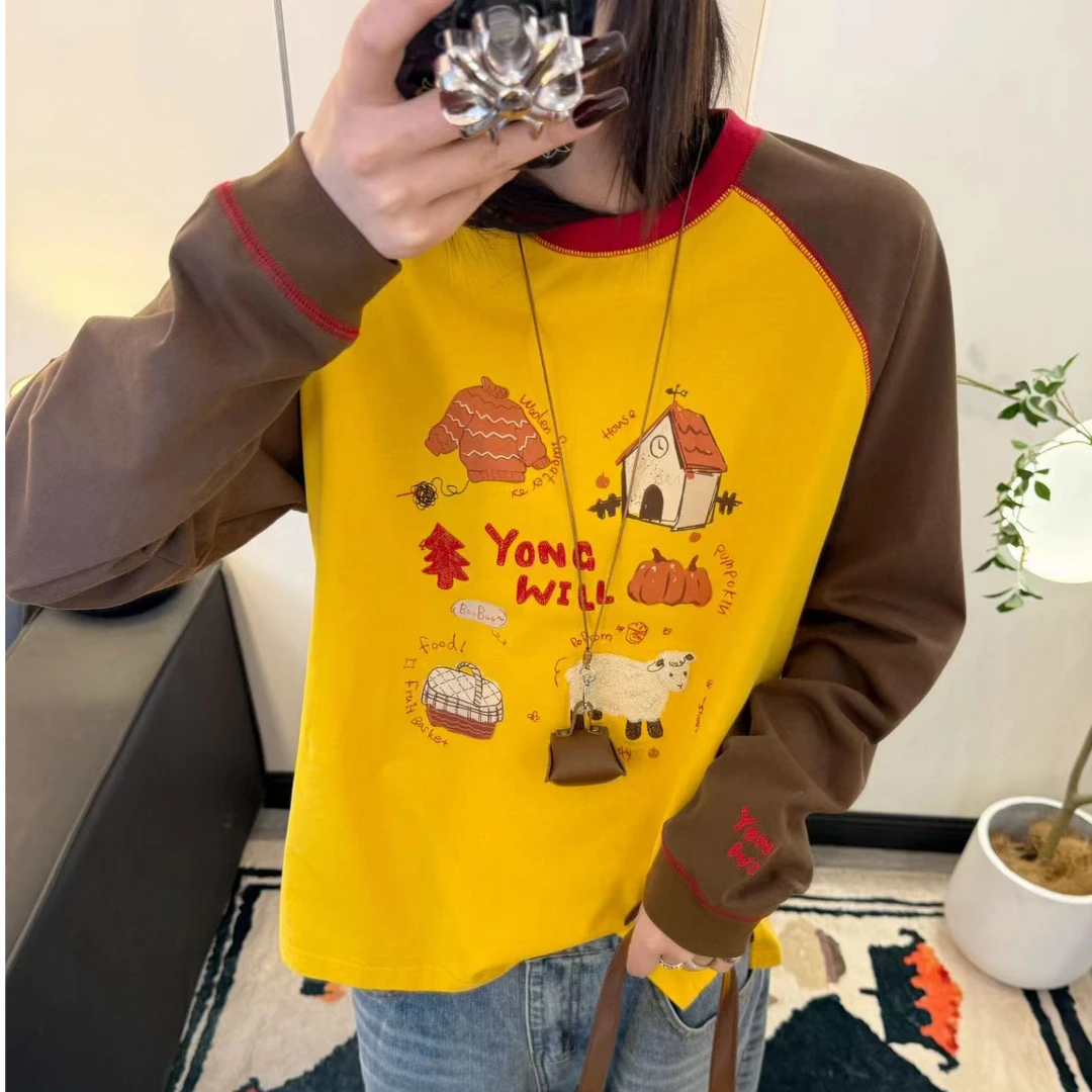 纸袋家新款「抽象羊插肩袖长袖T恤」刺绣印花280g纯棉双纱宽松1303