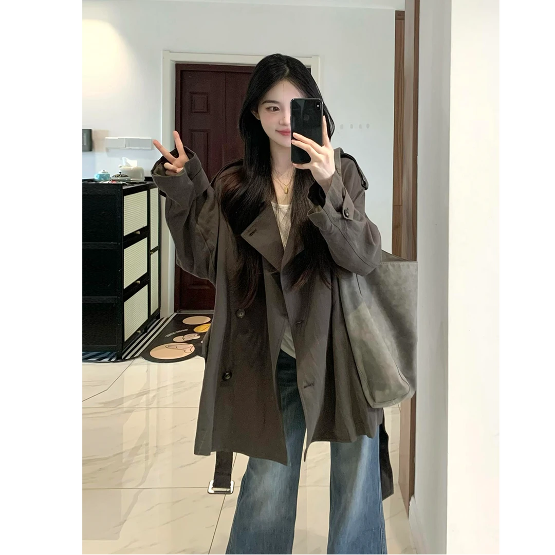 韩系松弛慵懒感宽松简约时尚垂坠廓形系带风衣女双排扣中长款外套