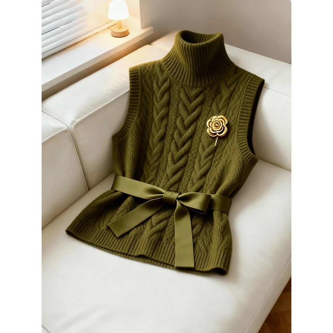 复古风慵懒松弛高级感流行款墨绿色针织马甲女2025冬提花立领毛衣