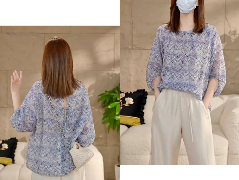 Miss.Z【清仓福利】民族风轻薄莱赛尔后系扣灯笼袖衬衫#c7108