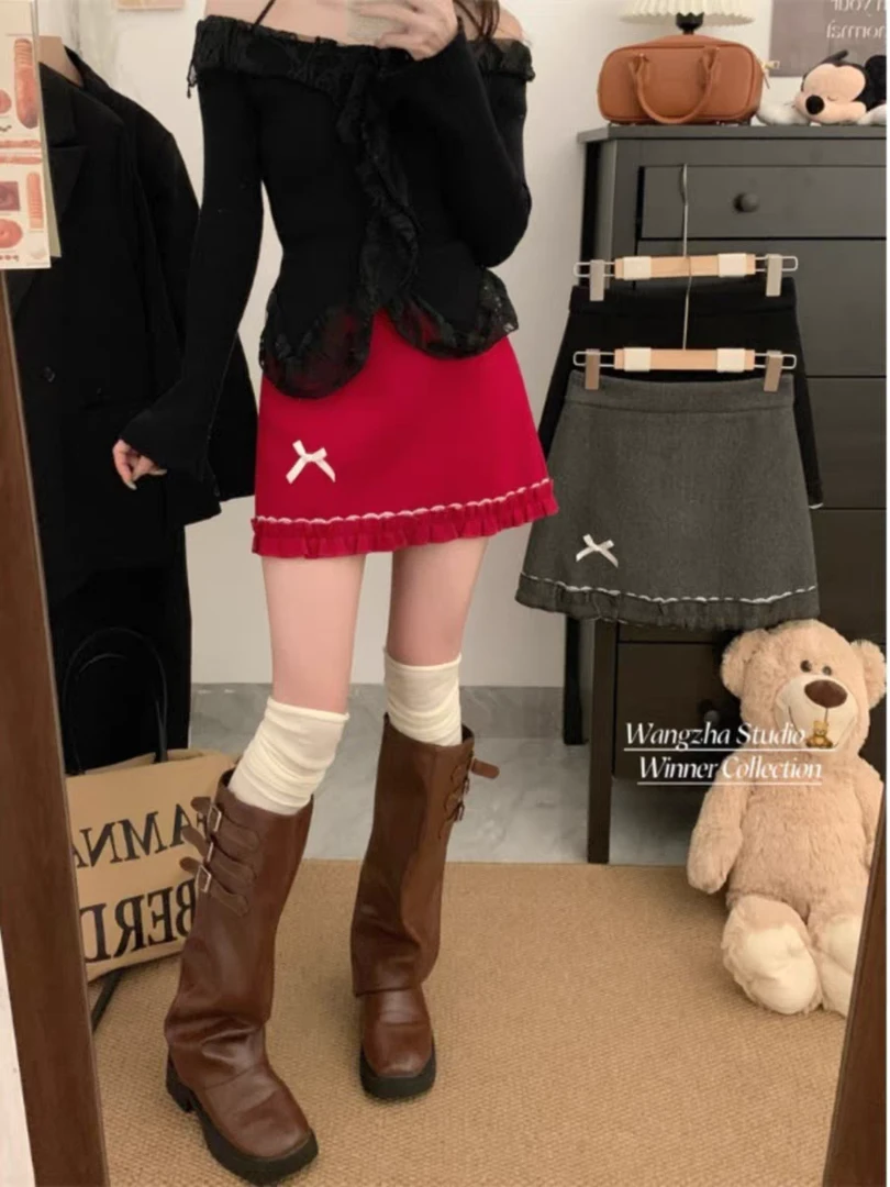 甜辣妹圣诞红色毛呢半身裙女冬季2024新款木耳边高腰显瘦A字短裙
