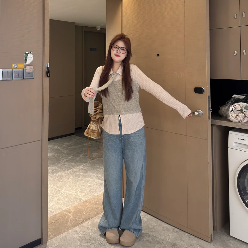 盈盈&南岛风大码拼接撞色针织衫春秋胖mm宽松显瘦遮肉上衣ZYY1503