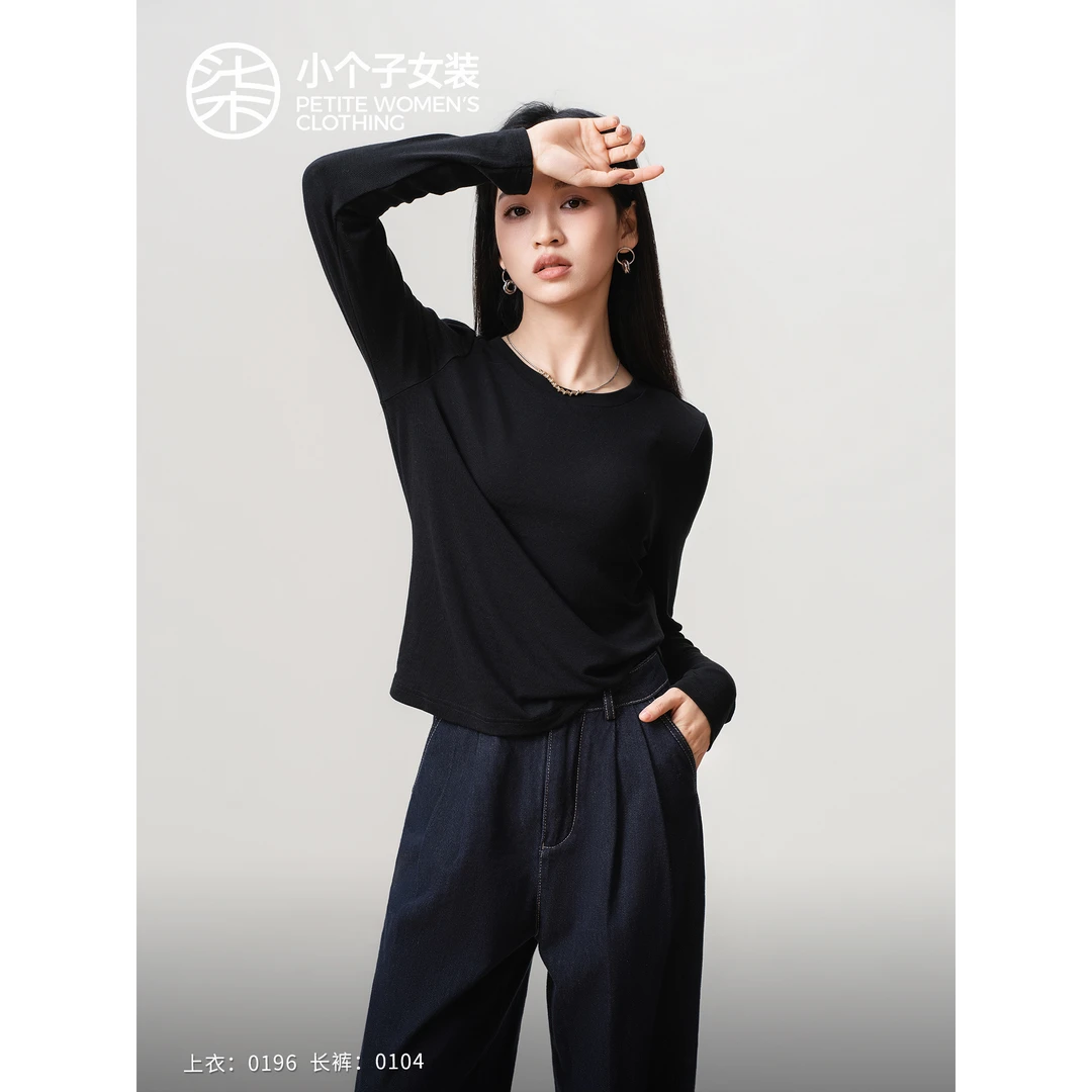 【大柒】0196柒量一裁小个子黑色莱赛尔羊毛混纺微松小圆领打底衫女