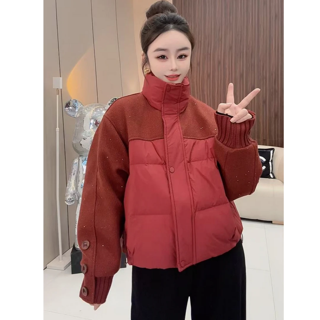 【小雨严选】冬季韩系百搭亮片拼接休闲外套高级感立领短款棉服女