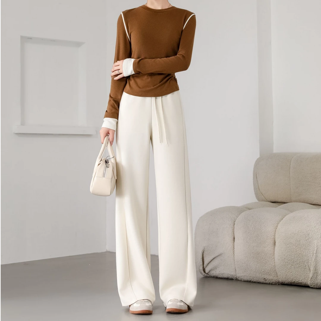 燕苹新秋款高腰显瘦可调节抽绳再生纤维素纤维绵羊毛直筒裤K6073