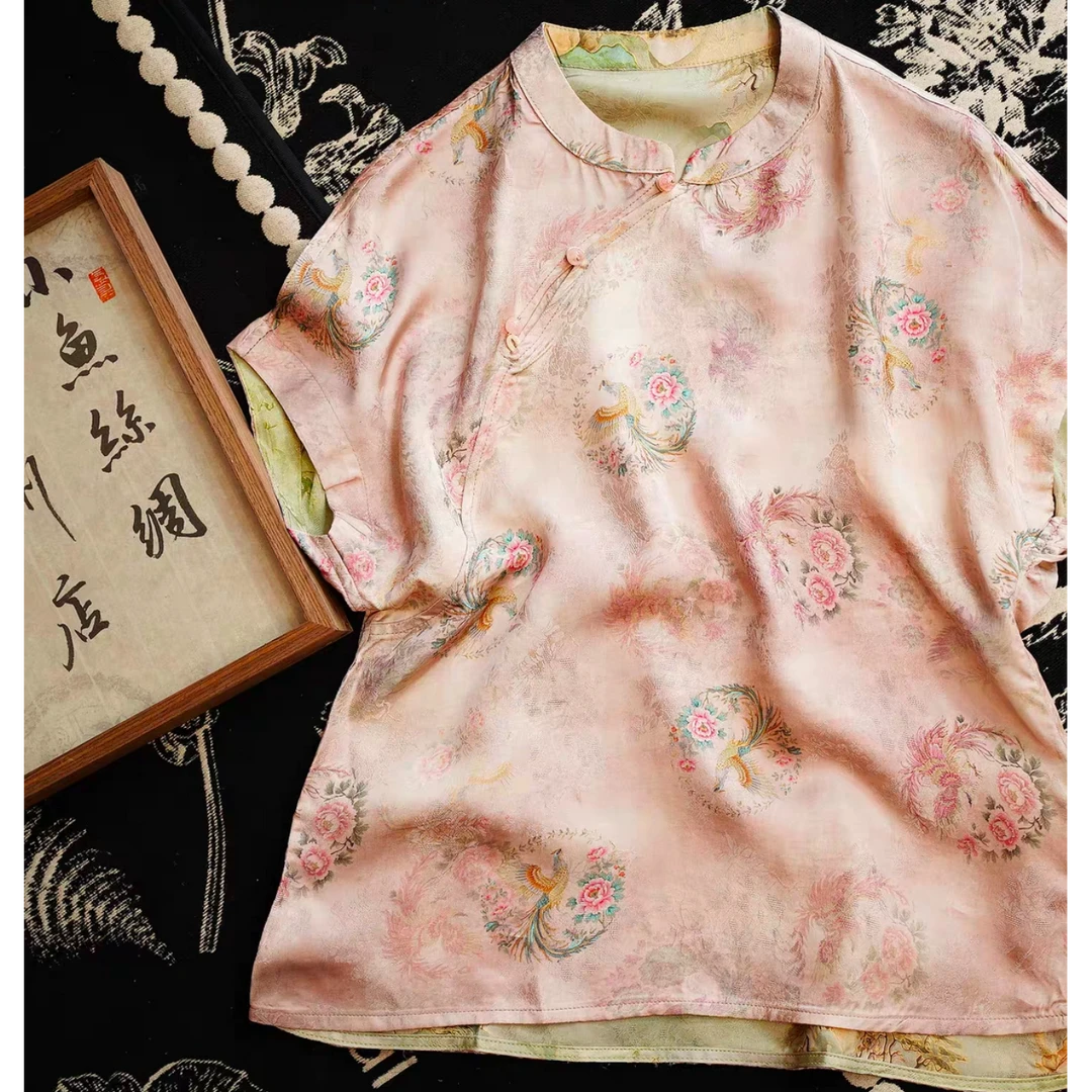 凤川牡丹 蚕丝新中式小衫夏季新款气质国风立领小飞袖上衣T恤902