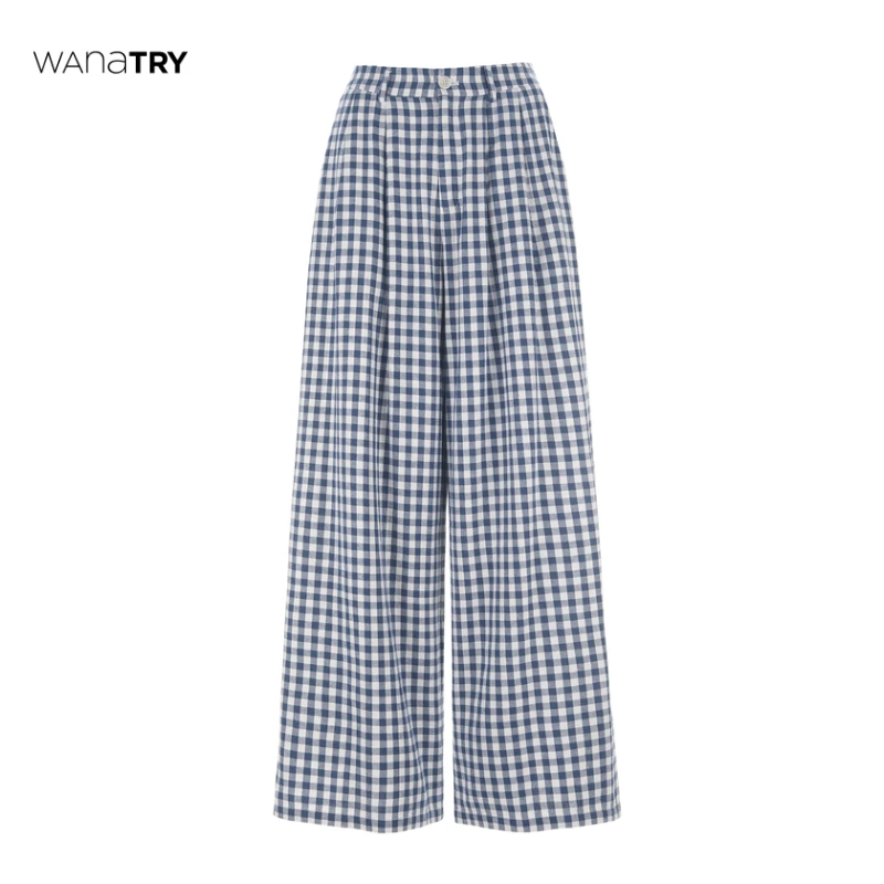 【自播专享】wana try 蓝白格纹直筒休闲海岸风阔腿裤（早春新品）