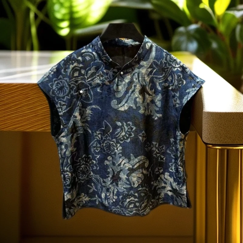 W086新中式青花瓷重磅老料小衫新款复古国风时尚气质提花女士上衣