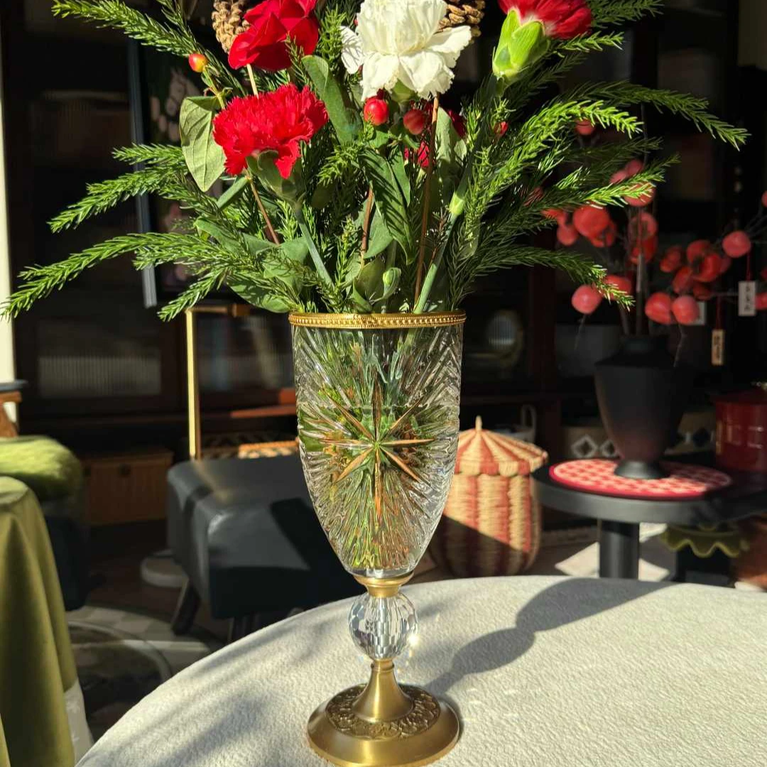 欧式奢华金属高脚黄铜雕花玻璃艺术花瓶客厅餐厅桌面装饰花器