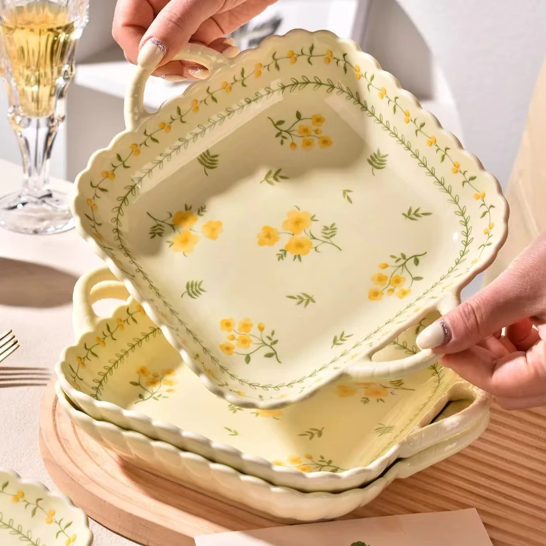 【春日来信方盘】9.25英寸双耳盘陶瓷釉下彩创意早餐方盘家用菜盘子