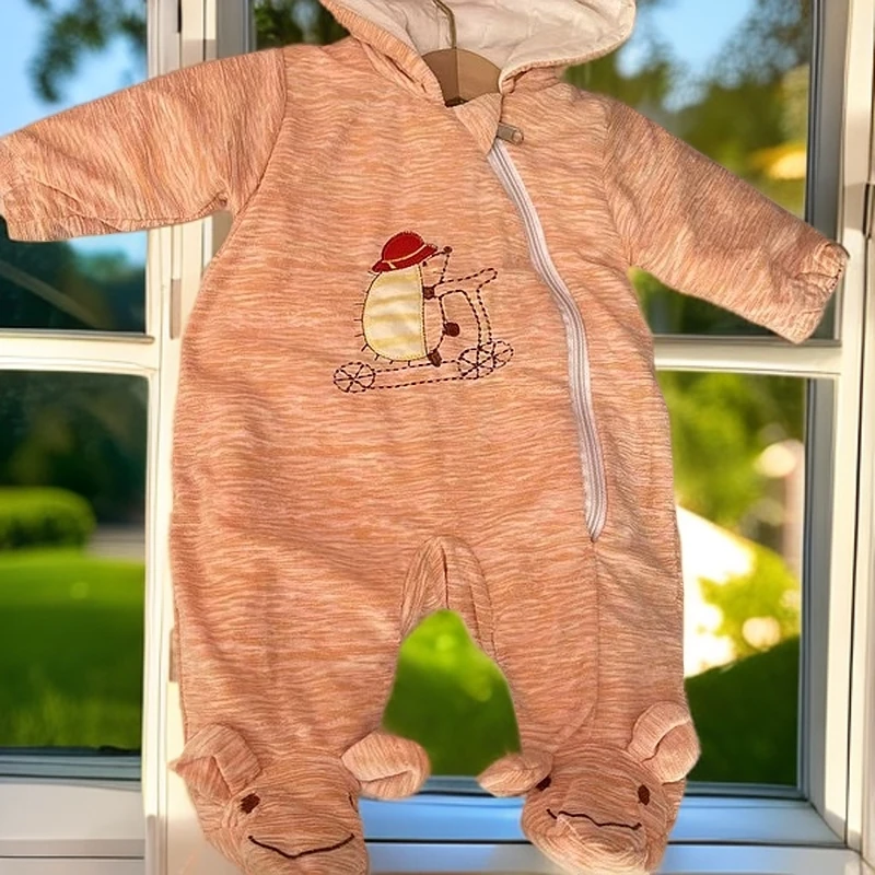 拍一发二新生儿薄棉外出服哈衣卡通包脚幼儿婴儿闭裆保暖连帽黄色