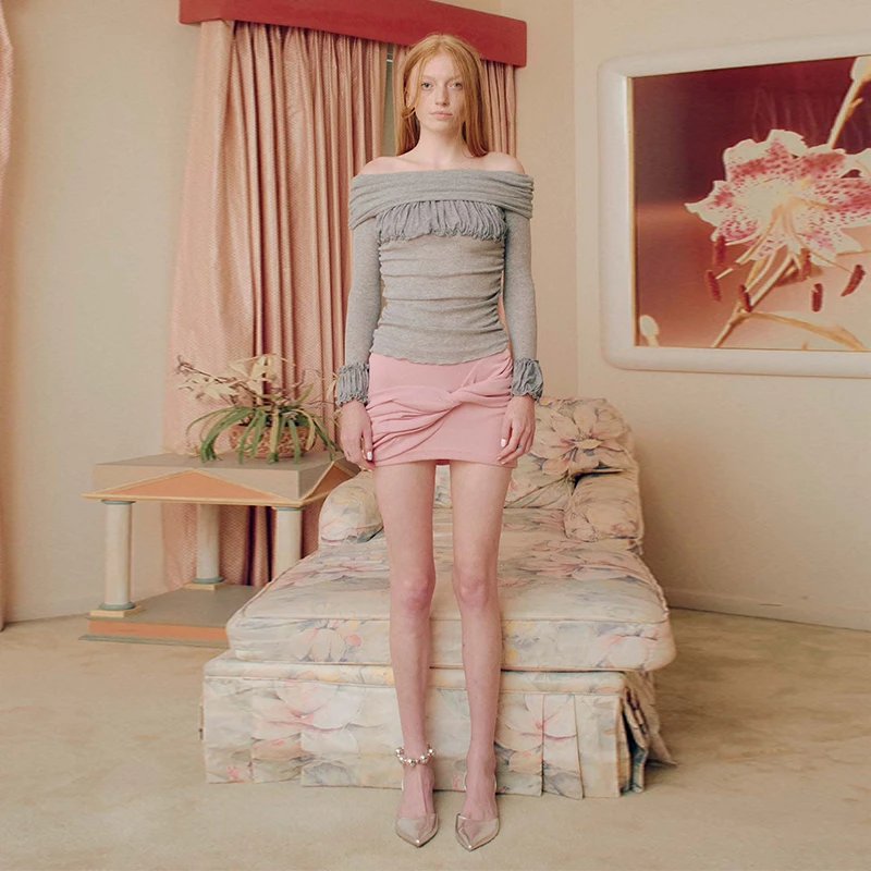 Gemini 买手店 ZEMETA 泡泡袖露肩上衣扭曲褶皱半身短裙套装