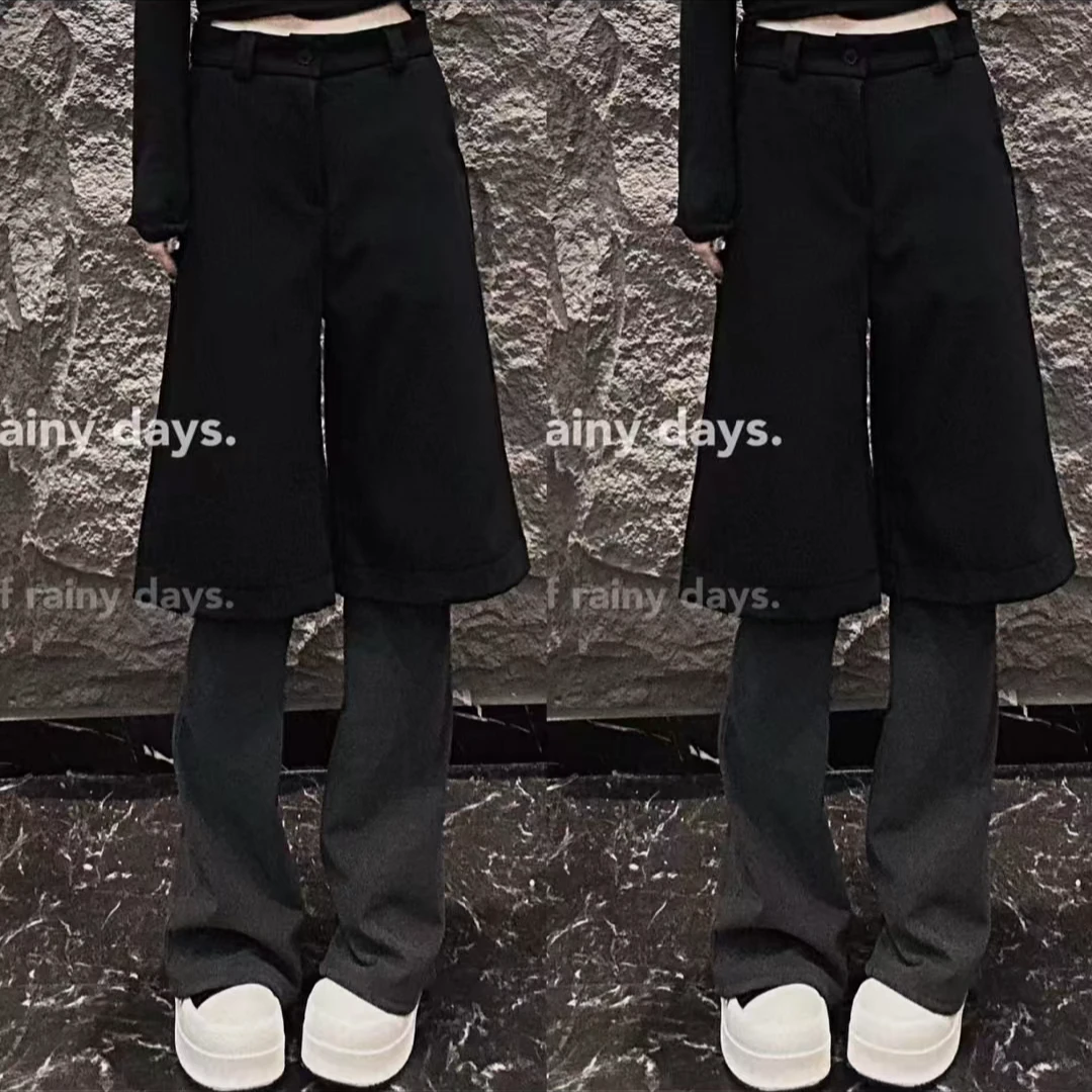 3368黑灰拼接微喇裤女2025春季新款假两件设计时尚休闲显瘦阔腿裤