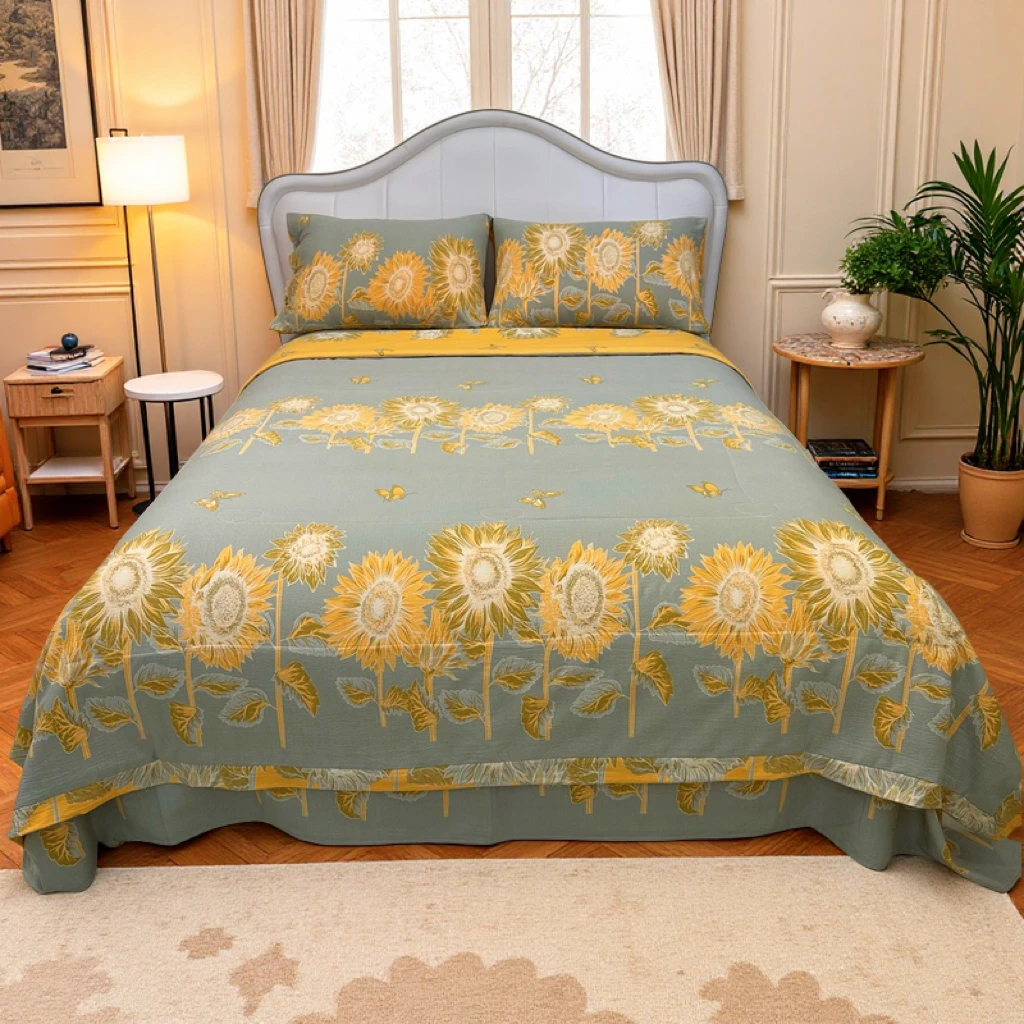 双层纱新疆棉夏被四件套--向日葵夏凉被透气舒适新款爆款高级感