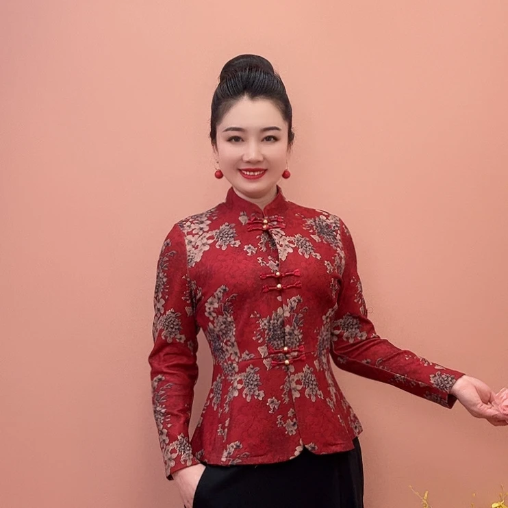 国风妈妈秋冬季保暖外套时尚修身弹力上衣复古开衫