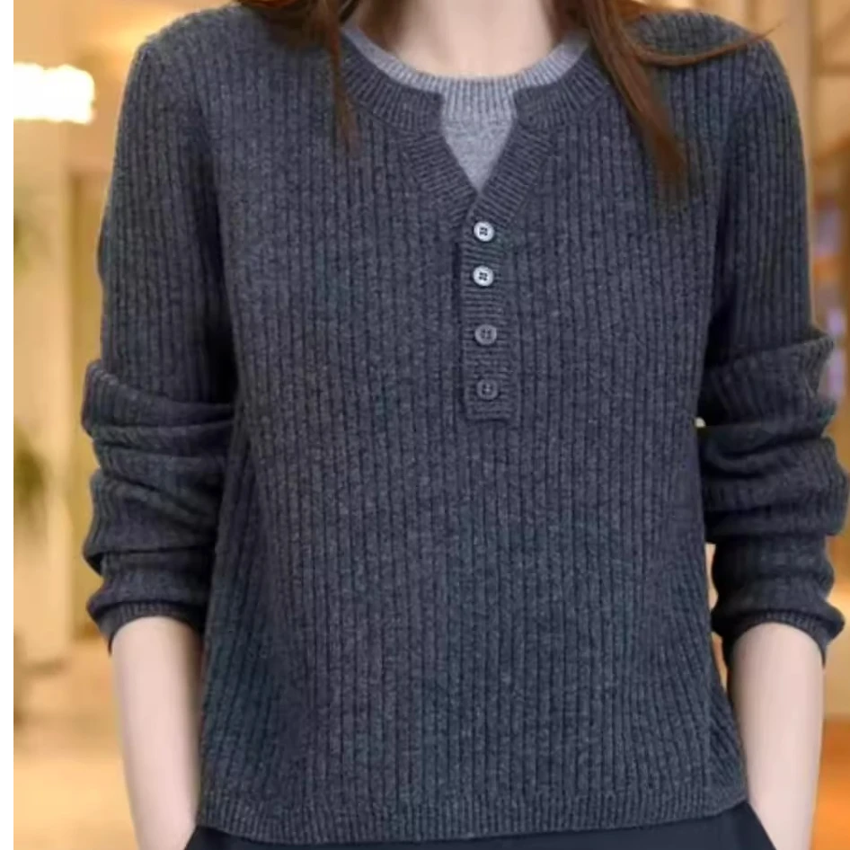 假两件圆领毛衣女秋冬新款小开领时尚气质针织衫短款宽松显瘦上衣