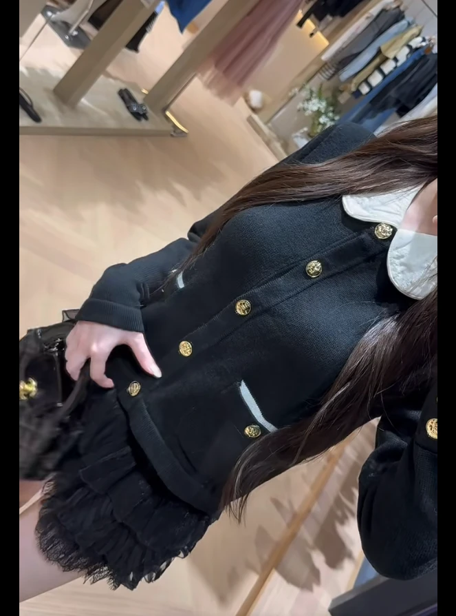 2025秋冬季时尚新款小香风娃娃领拼色上衣黑色网纱蛋糕裙显瘦套装