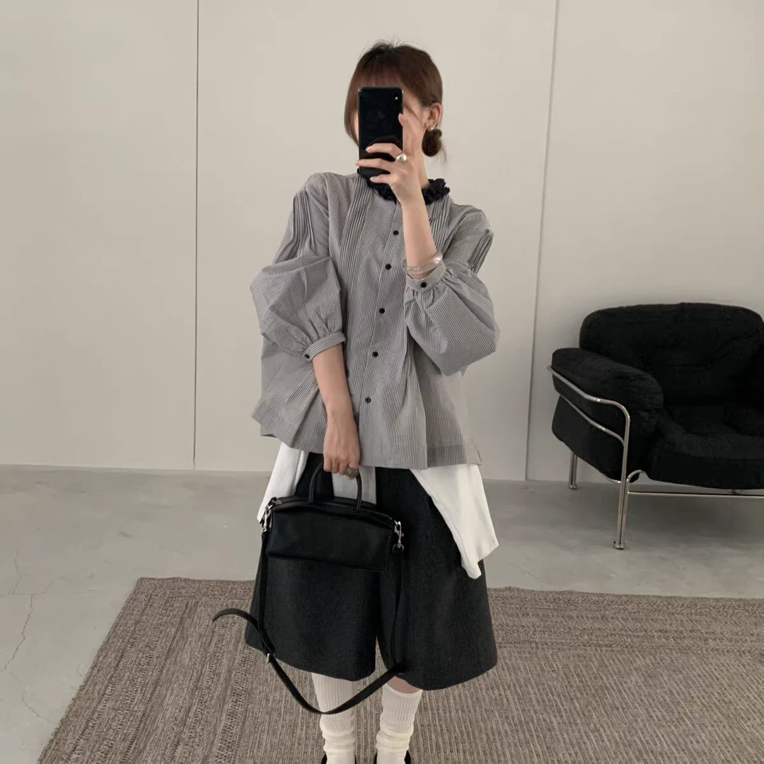 欧洲站2025秋季新款木耳边领口宽松灯笼袖娃娃衫条纹衬衫女上衣