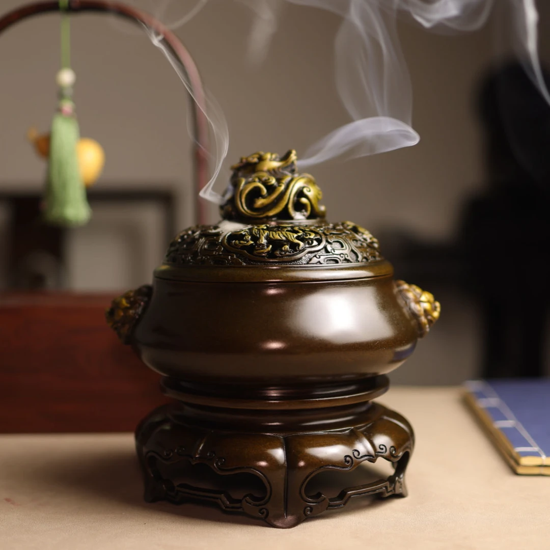 赵玉保手工铜炉 螭虎钮狮耳熏炉