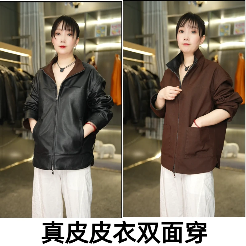 秋冬新款立翻领男士真皮皮衣头层牛皮双面双穿时尚短款修身版皮衣
