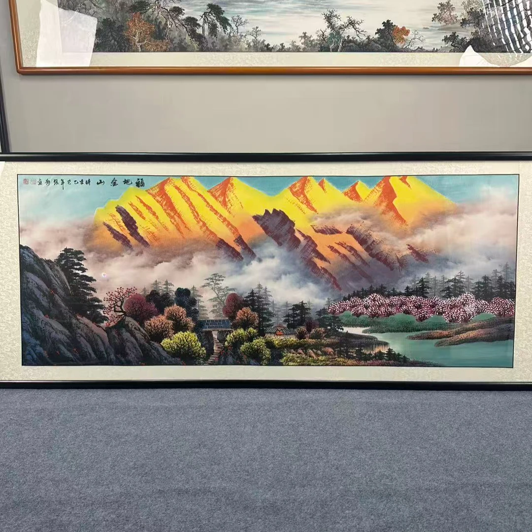 纯手绘-福地金山225X85新中式山水国画客厅办公室挂画背景墙挂画