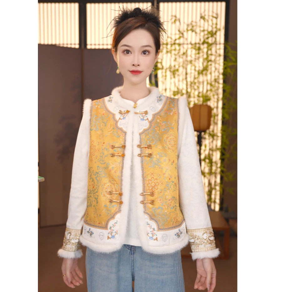 CJ【平意】黄秋冬季水貂毛中国风百搭复古锦绣马甲FB2510222