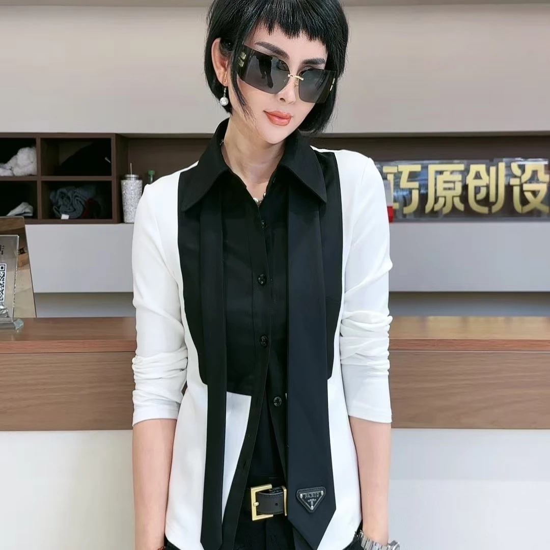 迷巧时尚2025新款显瘦气质假两件设计感长袖衬衫