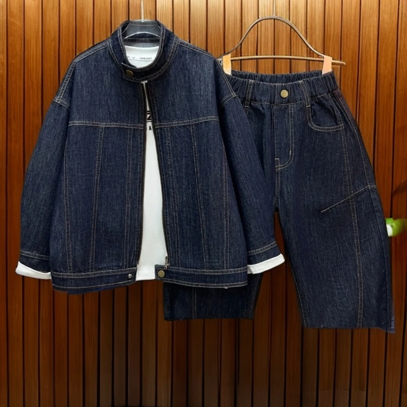 男童2025秋季中大童亲子复古立领拉链牛仔外套工装牛仔时尚两件套