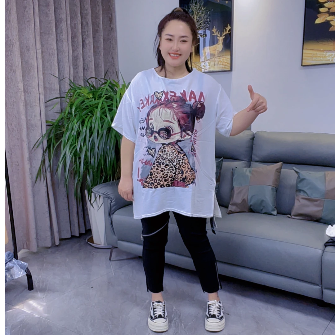 EG大码胖妹时尚休闲百搭显瘦墨镜女孩宽松圆领冰丝皱中长款半袖11