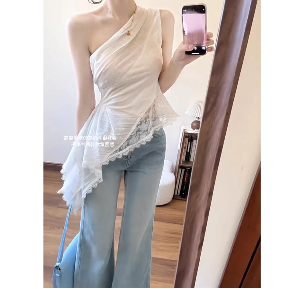 Not defne辣妹不规则蕾丝拼接斜领T恤女夏季韩系纯欲独特别致上衣