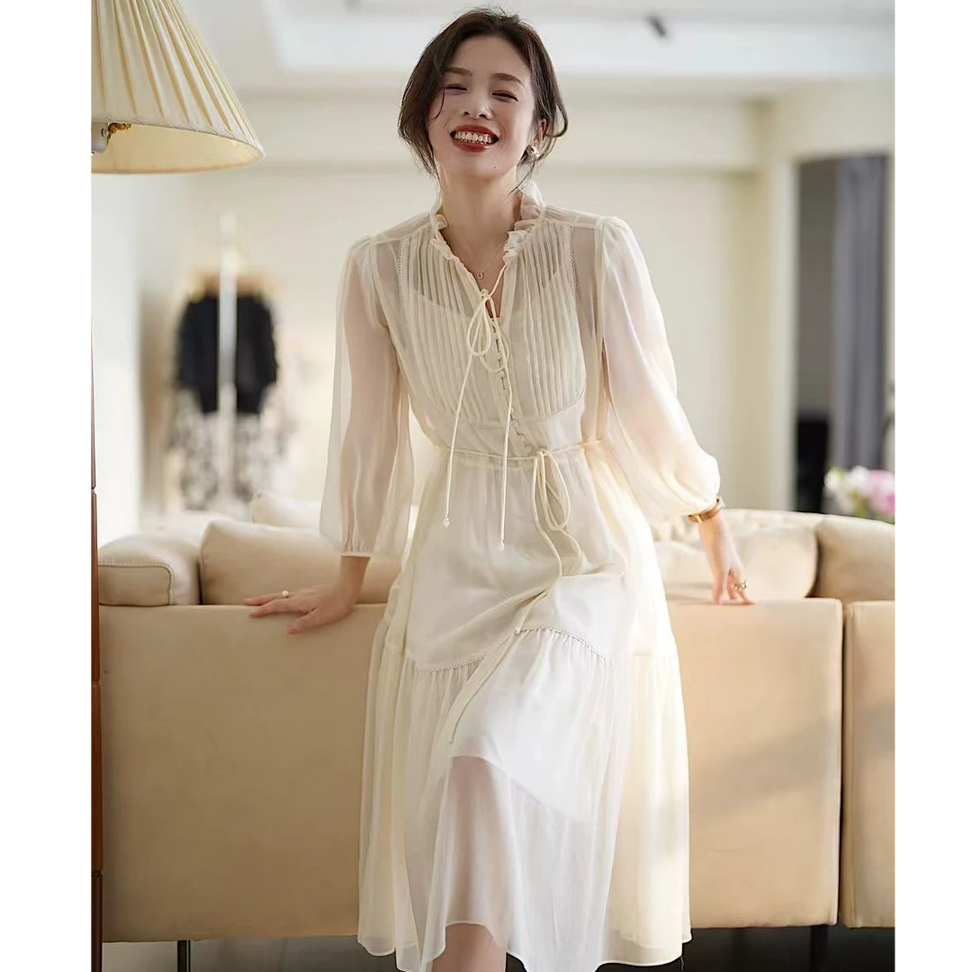 南瓜谷 现货秒发~100桑蚕丝女法式长裙时尚设计感连衣裙L1073