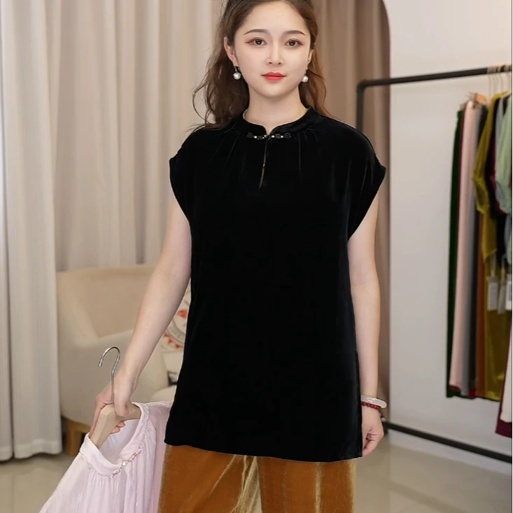 DY2576樱美嘉夏季新款显瘦中式风宽松桑蚕丝丝绒立领短袖T恤衬衫