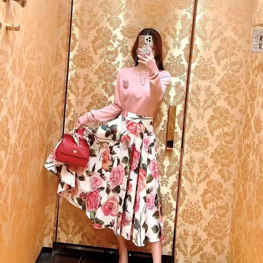 M1695!白底绿叶玫瑰花半裙 裙长76款号HZ3627