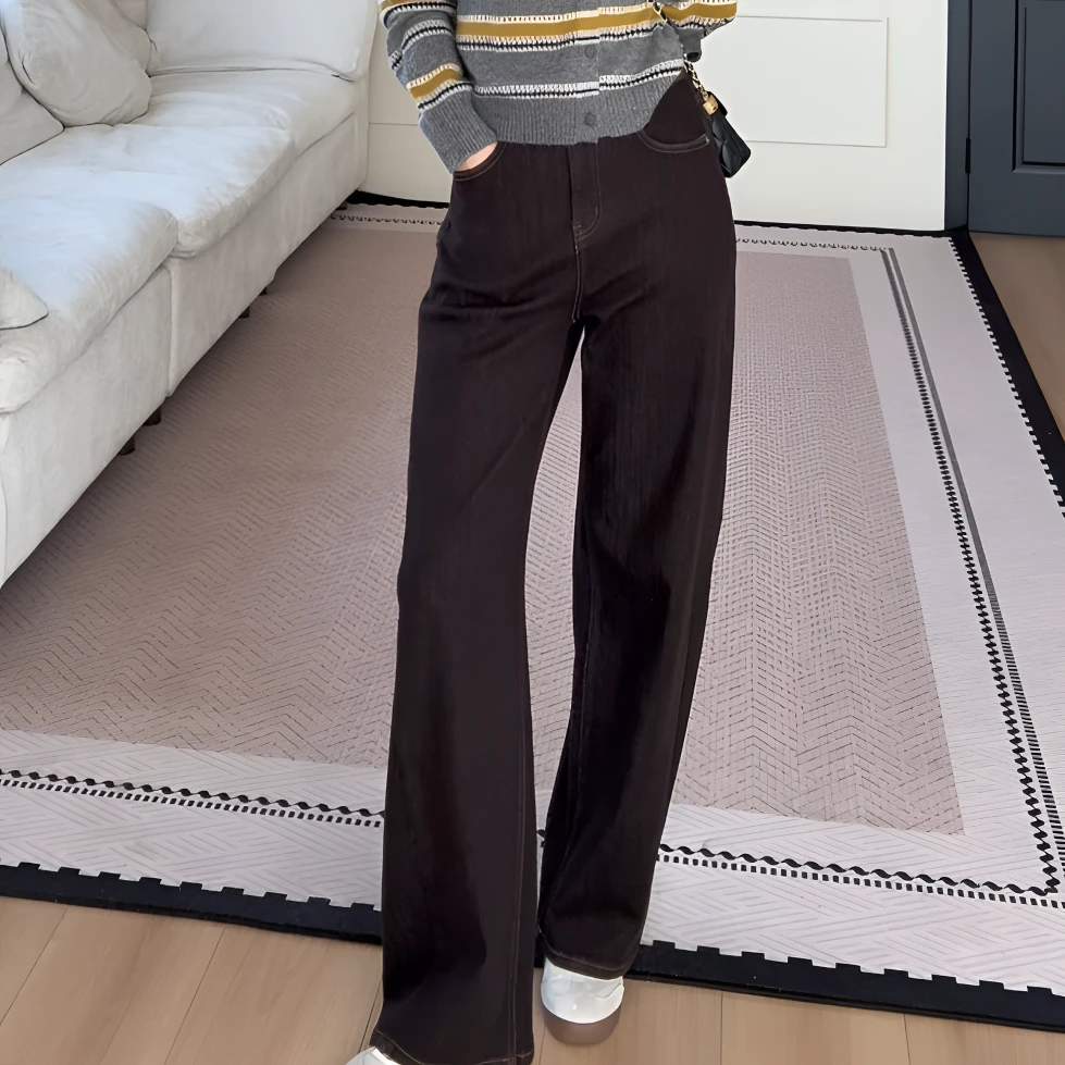 【余欢欢】秋冬季百搭显瘦遮肉直筒四面弹薄绒牛仔长裤-YHK50377