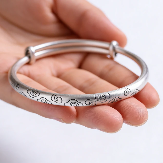 足银手镯 足银999.9 67 祥云古法镯 手工气质素款