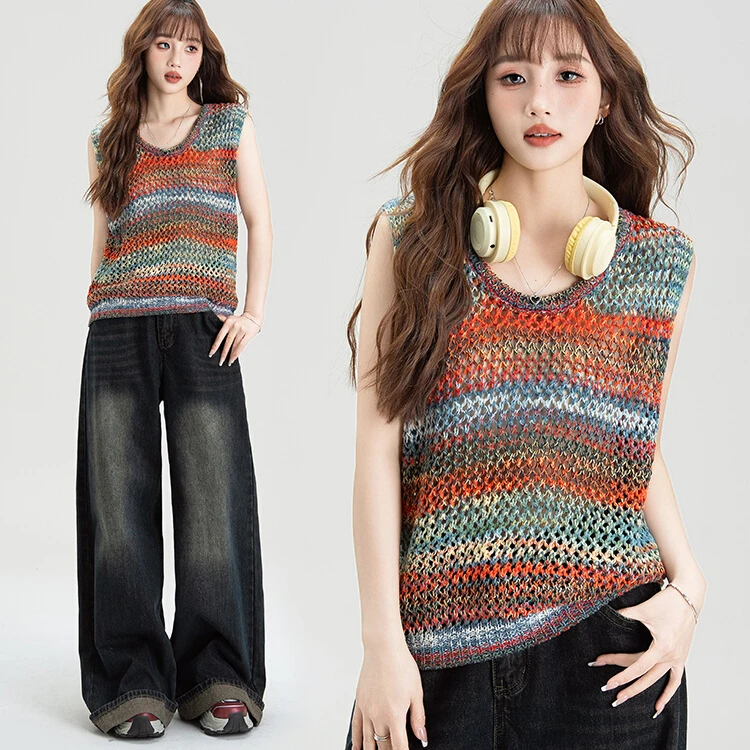 韩系多巴胺彩色条纹镂空针织衫女2025夏季新款小个子薄款无袖马甲