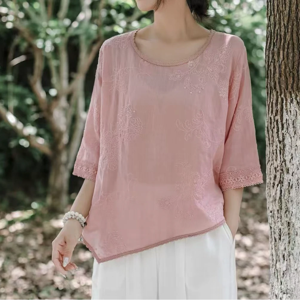 8922新款满绣蕾丝边苎麻衫（衣长57左右）
