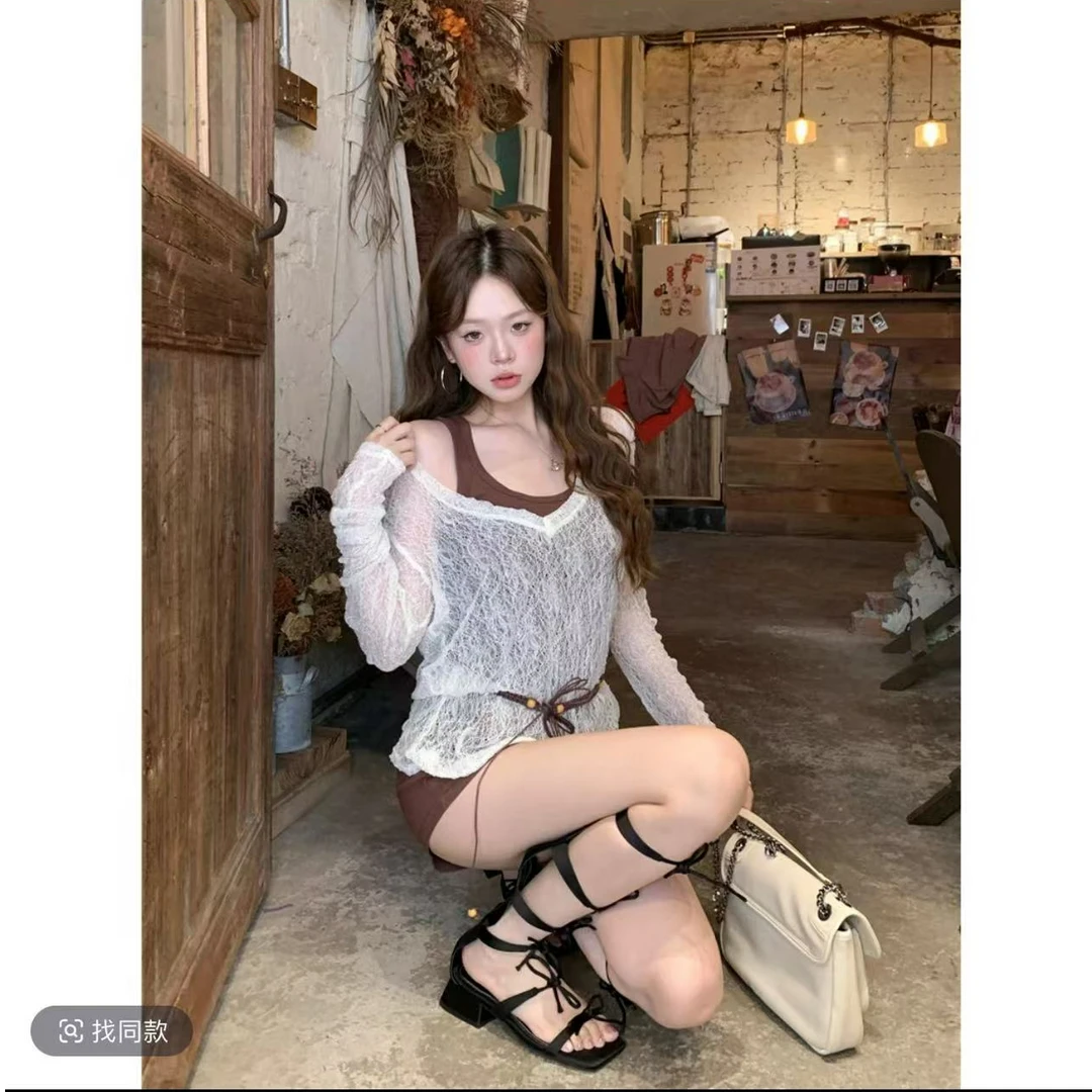 纯欲慵懒风女装宽松防晒罩衫无袖背心上衣高腰显瘦阔腿短裤套装潮