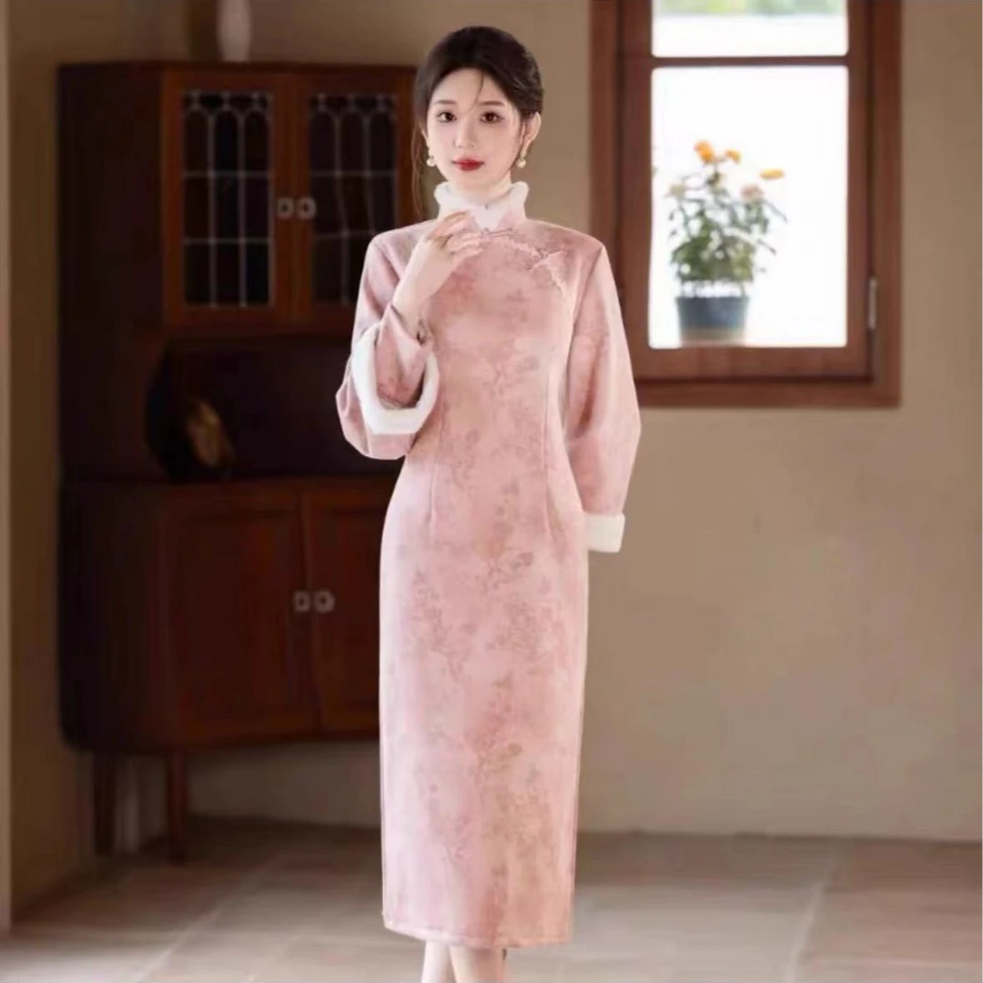 811-粉色 加厚 小花美玲经 双袖 绝美 旗袍