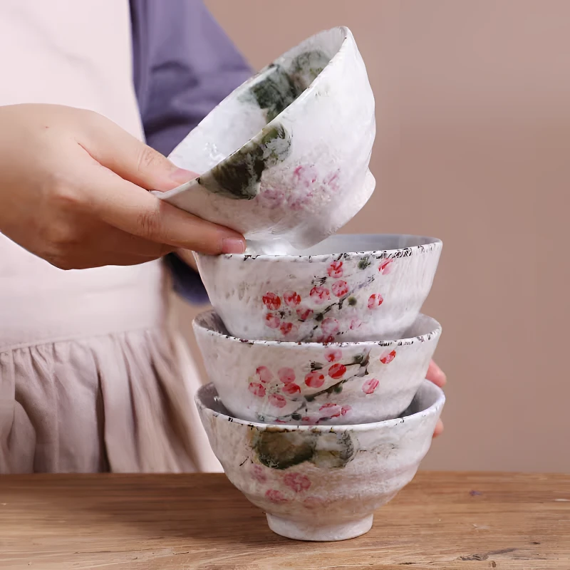【2个】4.8英寸五福花手绘米饭碗石头釉耐磨釉下彩高端日式家用陶瓷