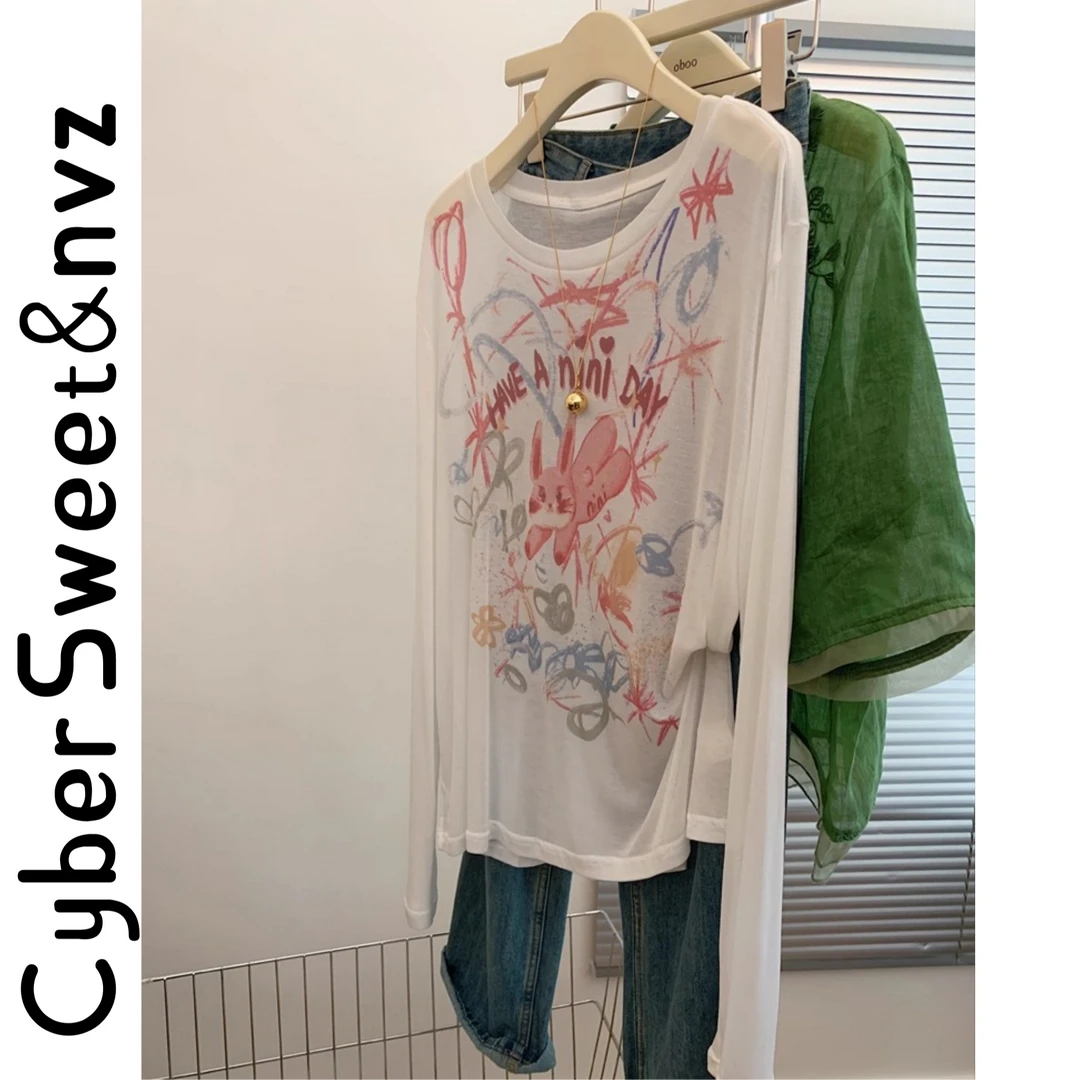 【现货】慵懒风夏季新款时尚宽松涂鸦印花长袖T恤女薄款防晒罩衫ins