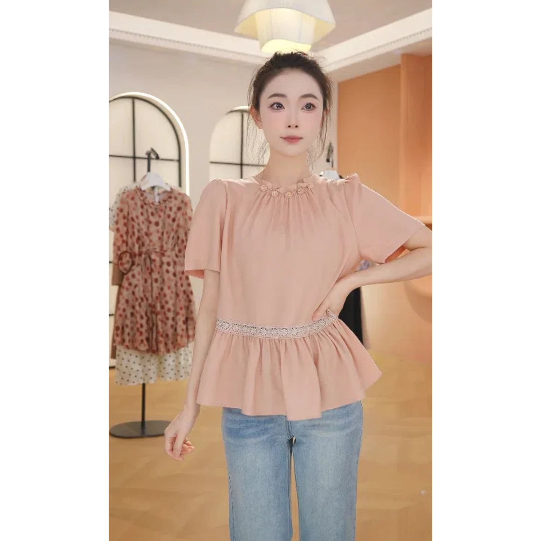 X2826 2025年夏季欧货时尚高级粉色短袖拼接上衣