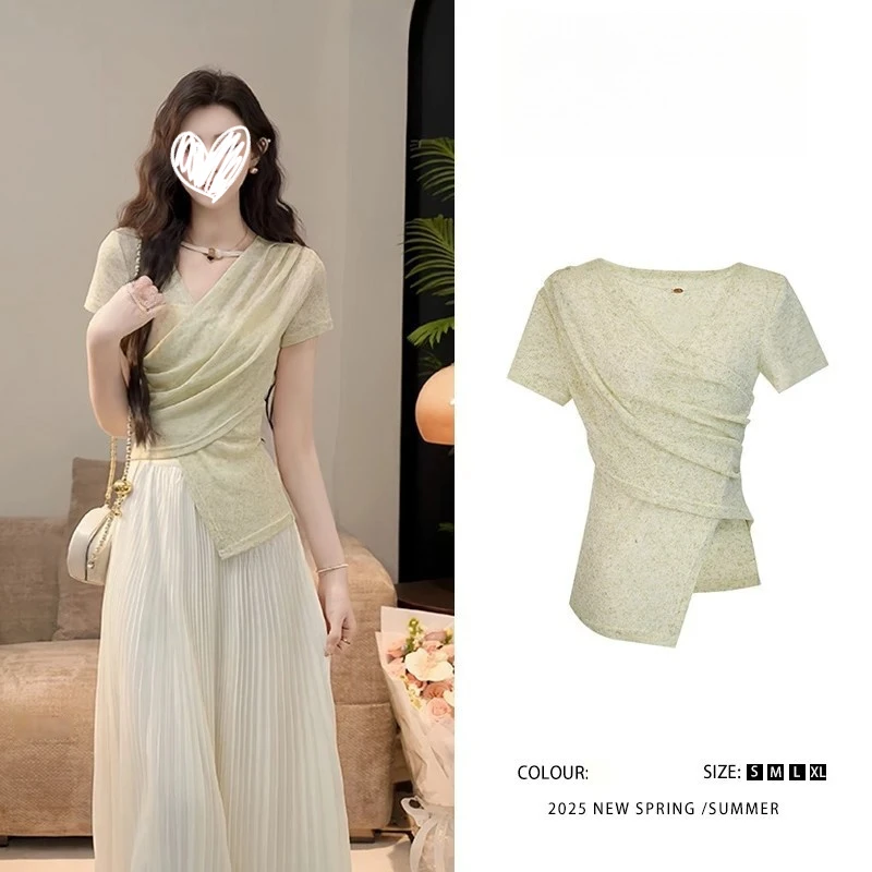 【香草绵绵】温柔风气质设计感V领收腰显瘦上衣女9207